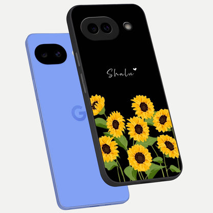  Sunflower Chic Mood Custom Name phone case for Google Pixel 10A showing premium glass back cover with detailed artwork