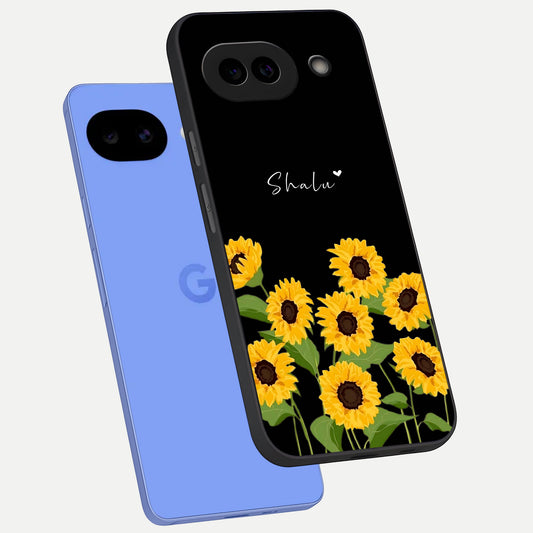  Sunflower Chic Mood Custom Name phone case for Google Pixel 10A showing premium glass back cover with detailed artwork