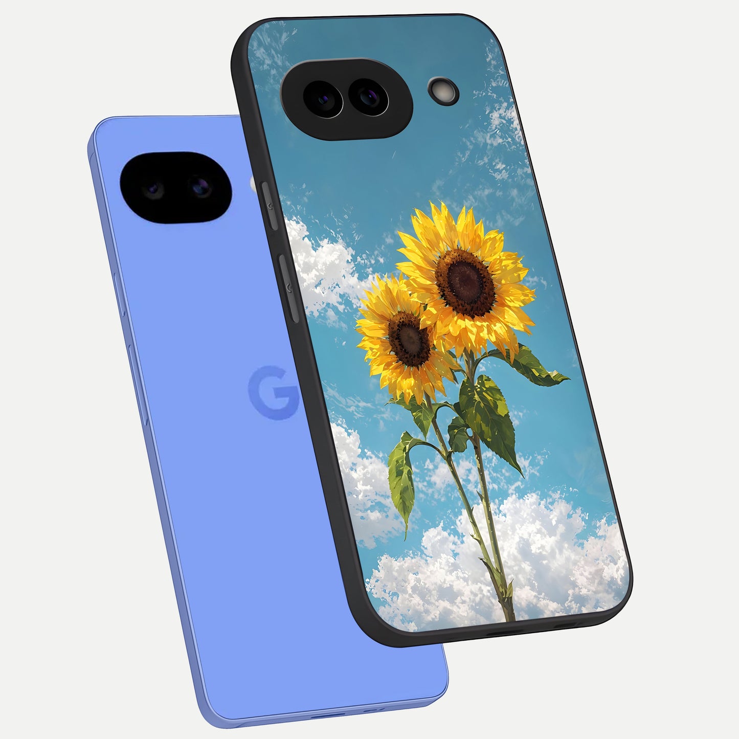  Sunflower Sky Bloom phone case for Google Pixel 10A showing premium glass back cover with detailed artwork