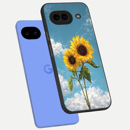  Sunflower Sky Bloom phone case for Google Pixel 10A showing premium glass back cover with detailed artwork