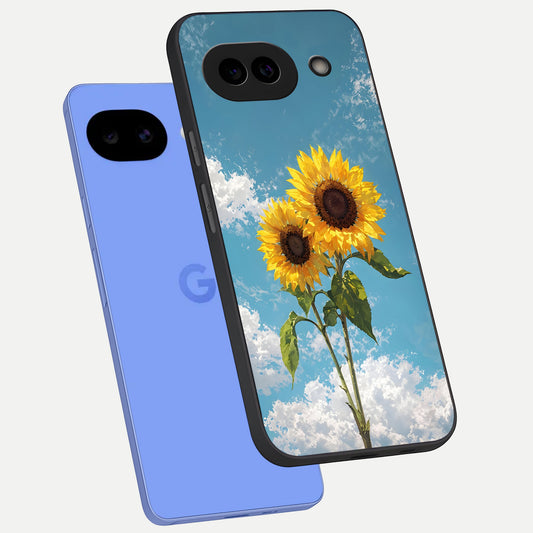  Sunflower Sky Bloom phone case for Google Pixel 10A showing premium glass back cover with detailed artwork