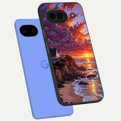  Sunset House By Sea phone case for Google Pixel 10A showing premium glass back cover with detailed artwork