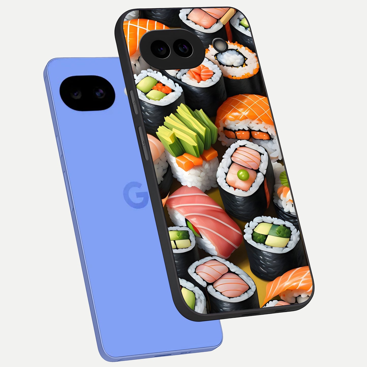  Sushi Food Pattern phone case for Google Pixel 10A showing premium glass back cover with detailed artwork