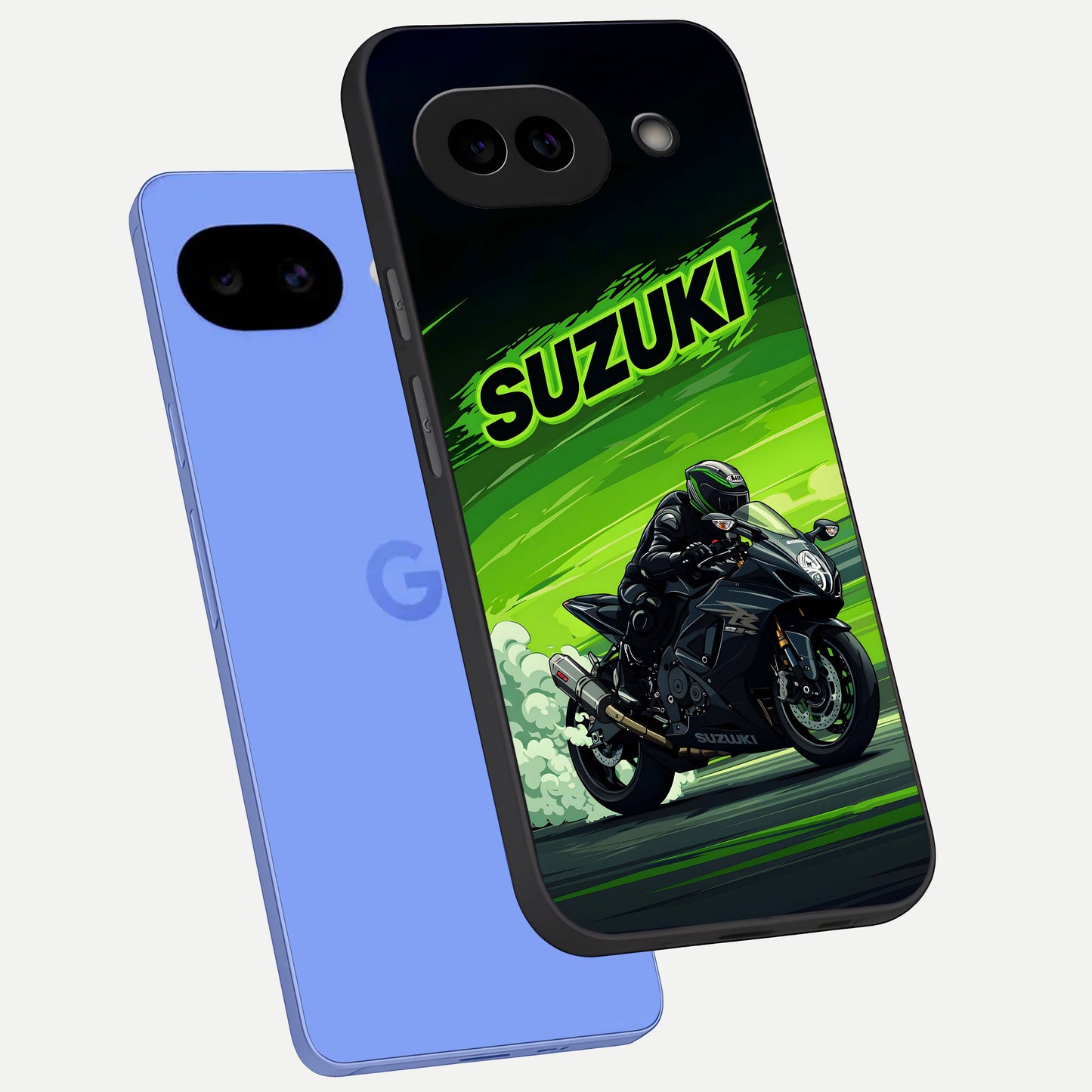  Suzuki Speed Beast phone case for Google Pixel 10A showing premium glass back cover with detailed artwork