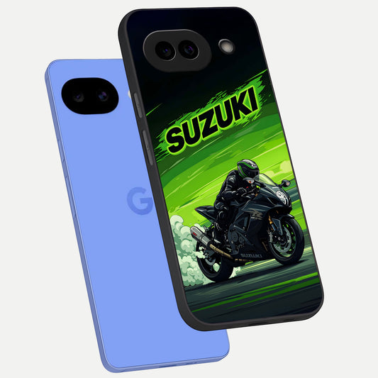  Suzuki Speed Beast phone case for Google Pixel 10A showing premium glass back cover with detailed artwork