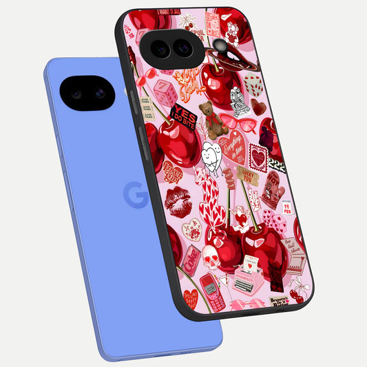  Sweet Cherry Chaos phone case for Google Pixel 10A showing premium glass back cover with detailed artwork