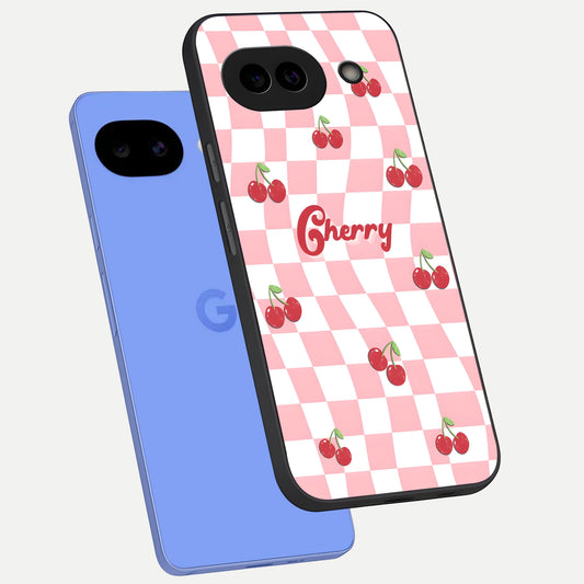  Sweet Cherry Vibes phone case for Google Pixel 10A showing premium glass back cover with detailed artwork