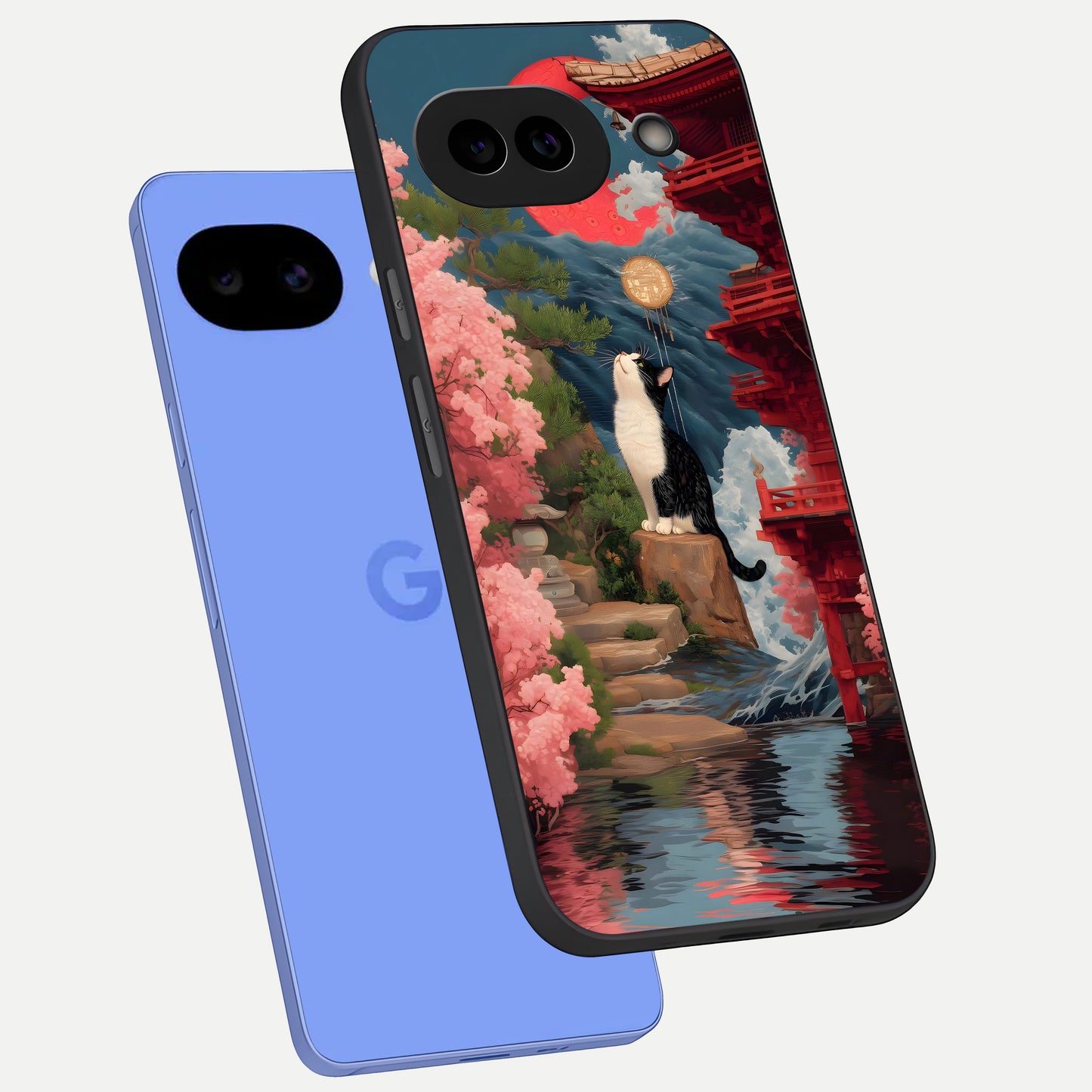 Temple Cat Scenery phone case for Google Pixel 10A showing premium glass back cover with detailed artwork