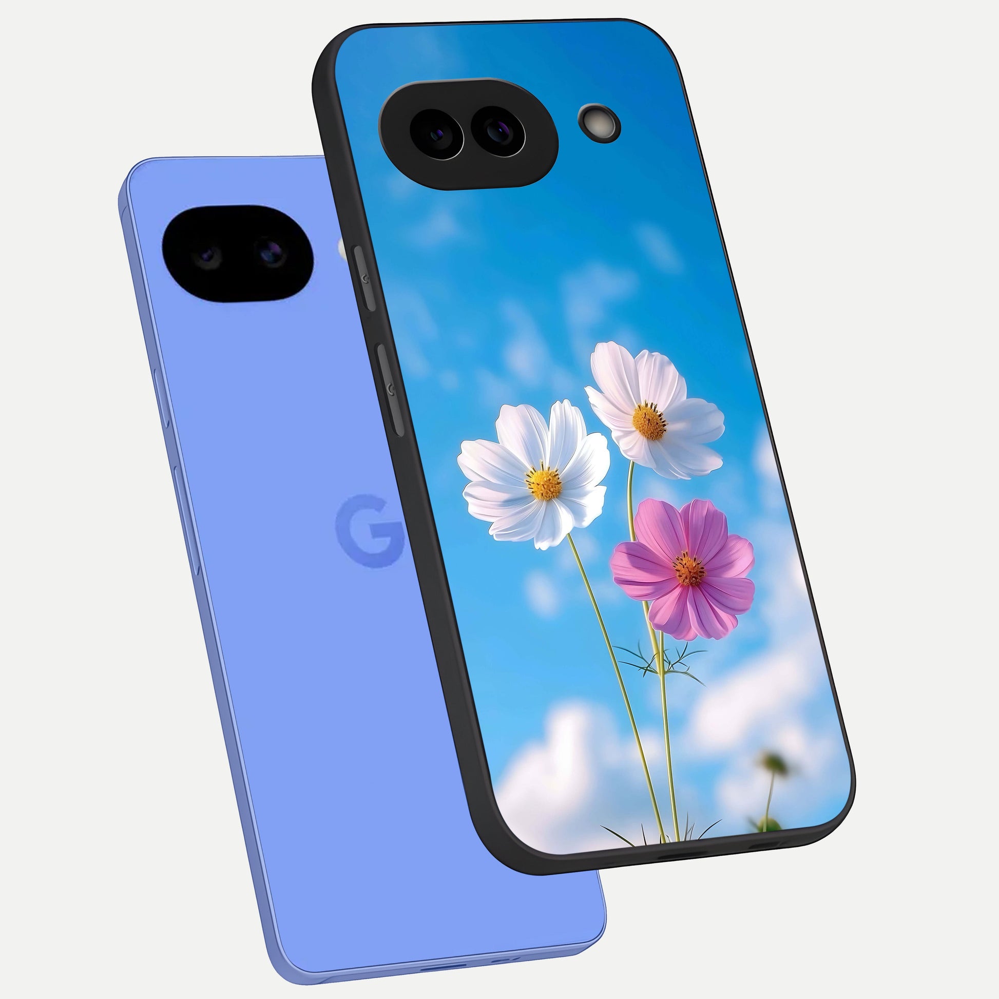  Tripple Flowers With Sky phone case for Google Pixel 10A showing premium glass back cover with detailed artwork
