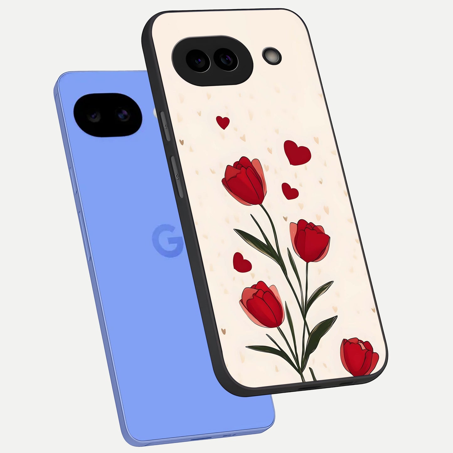  Tulip With Heart phone case for Google Pixel 10A showing premium glass back cover with detailed artwork