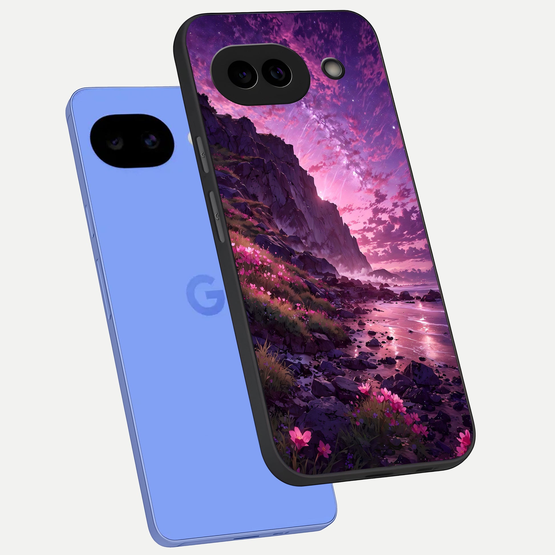  Twilight Blossom Coast phone case for Google Pixel 10A showing premium glass back cover with detailed artwork