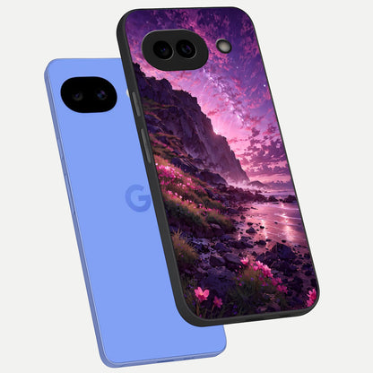  Twilight Blossom Coast phone case for Google Pixel 10A showing premium glass back cover with detailed artwork