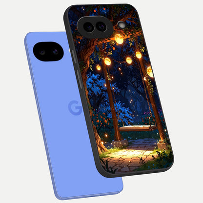  Twilight Garden Swing phone case for Google Pixel 10A showing premium glass back cover with detailed artwork