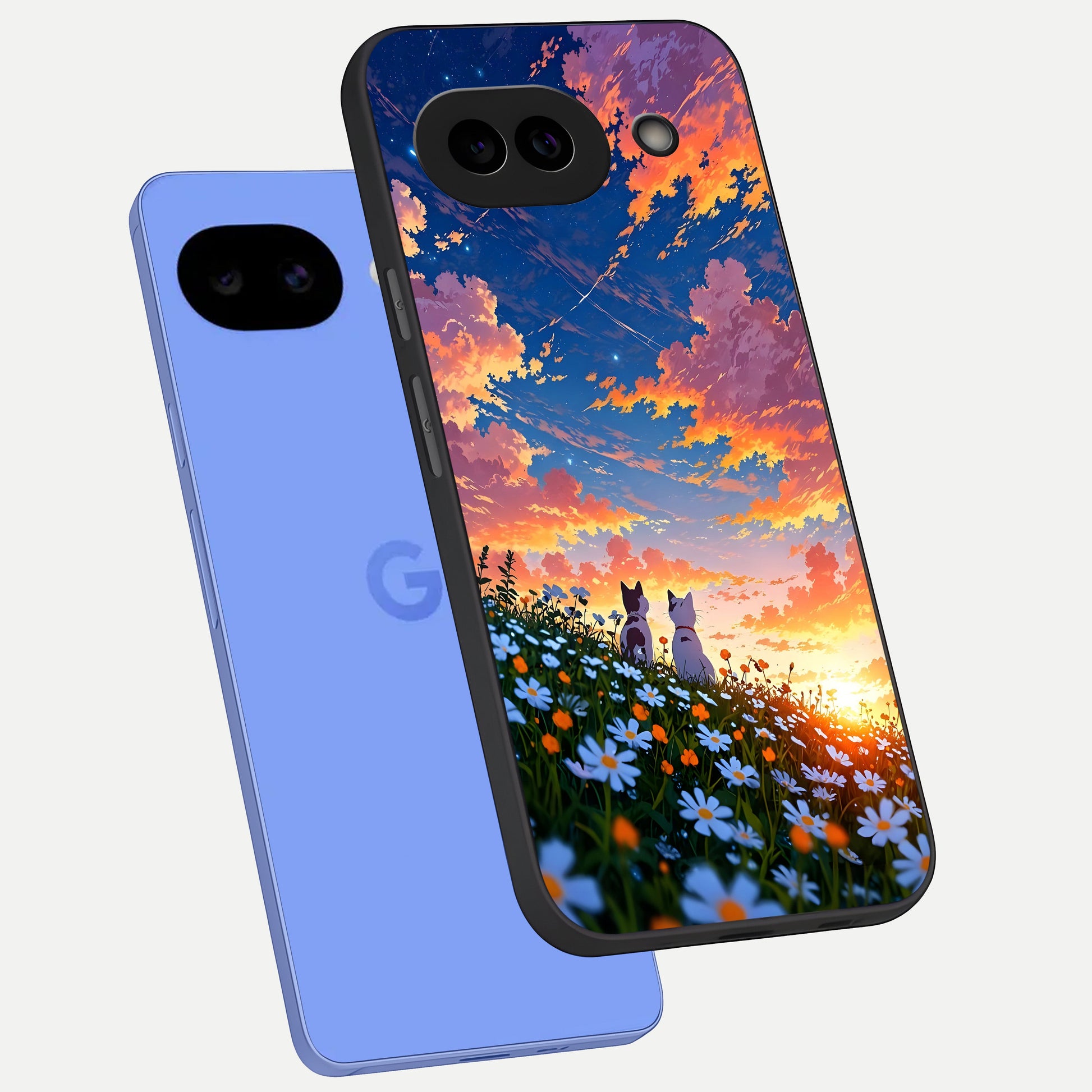  Two Cats Friends phone case for Google Pixel 10A showing premium glass back cover with detailed artwork