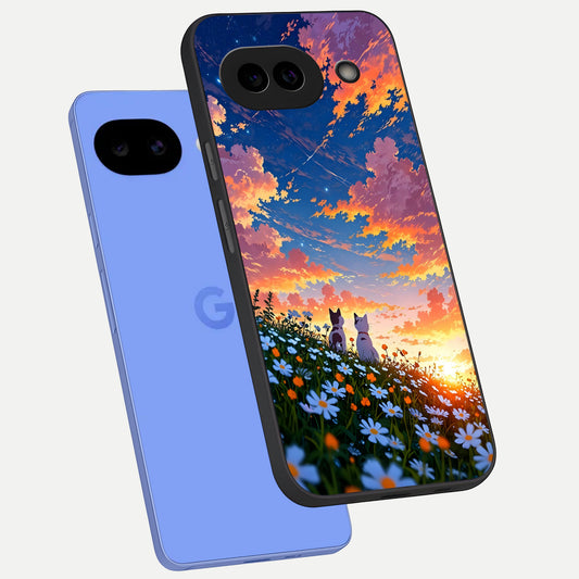  Two Cats Friends phone case for Google Pixel 10A showing premium glass back cover with detailed artwork