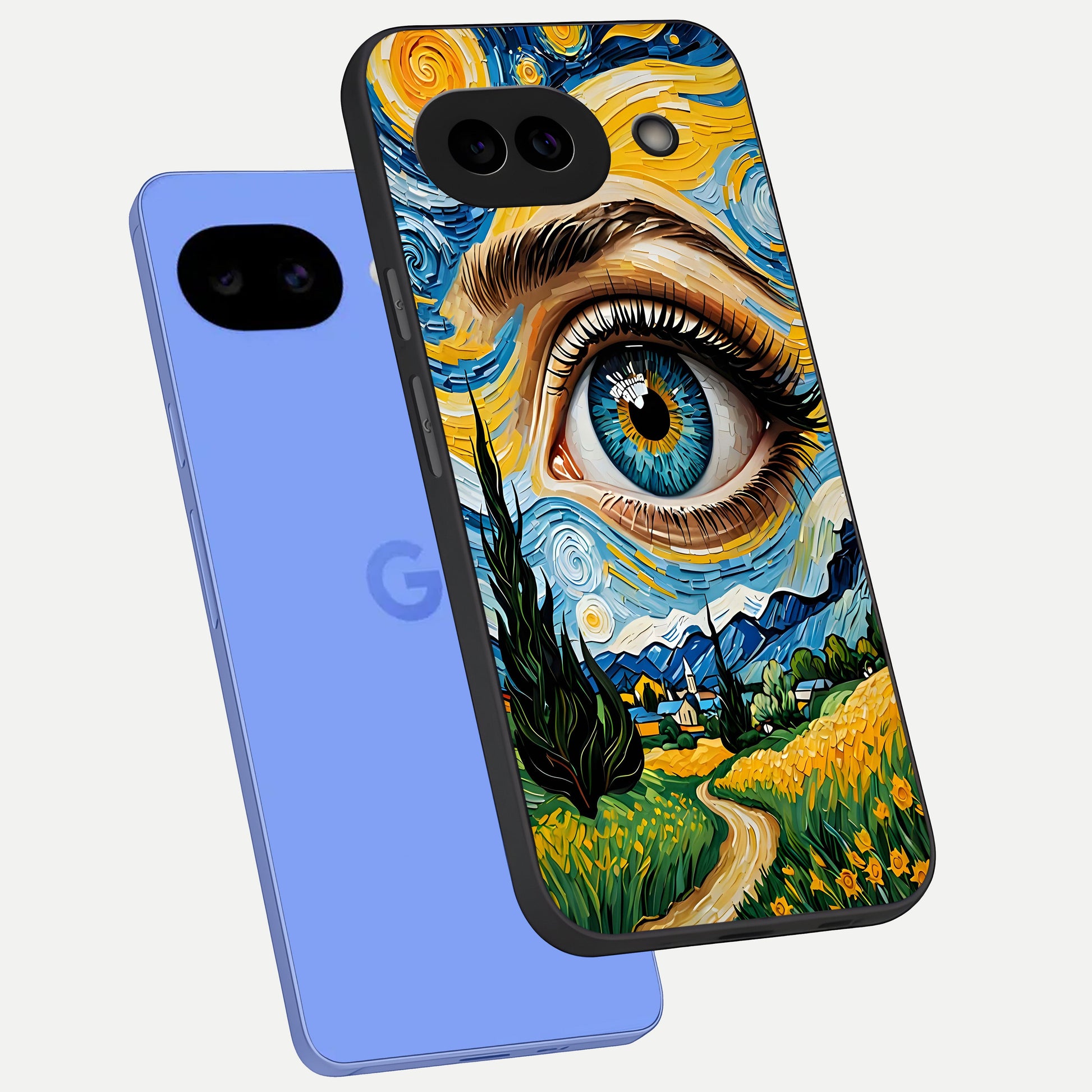  Van Gogh Eye phone case for Google Pixel 10A showing premium glass back cover with detailed artwork