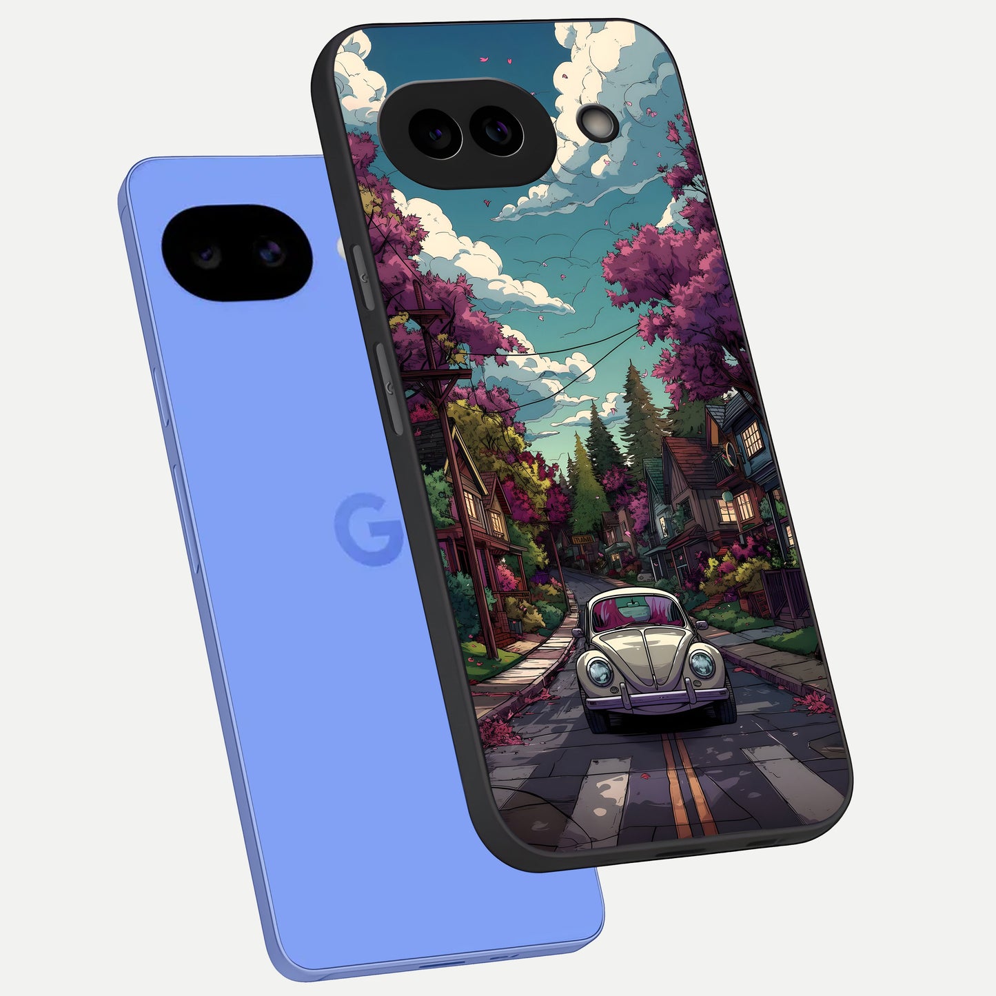  Vintage Street Drive phone case for Google Pixel 10A showing premium glass back cover with detailed artwork