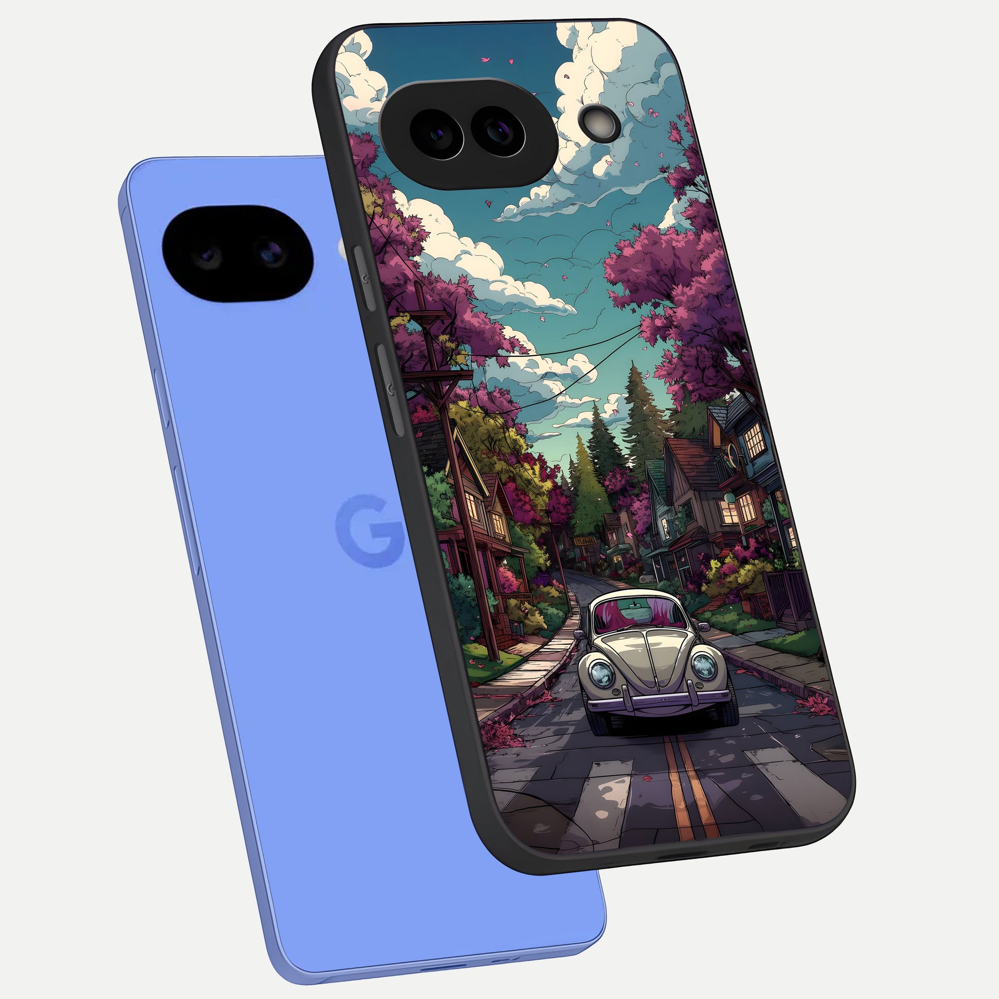  Vintage Street Drive phone case for Google Pixel 10A showing premium glass back cover with detailed artwork