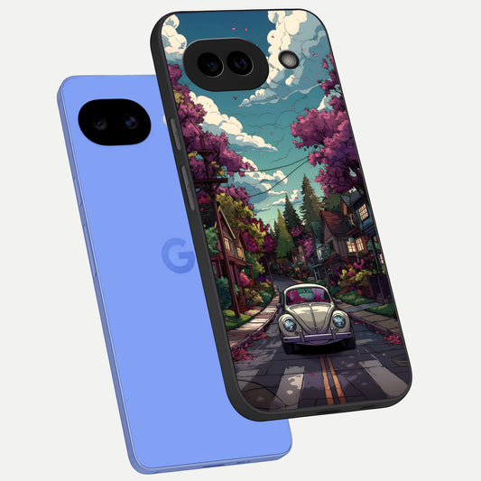  Vintage Street Drive phone case for Google Pixel 10A showing premium glass back cover with detailed artwork