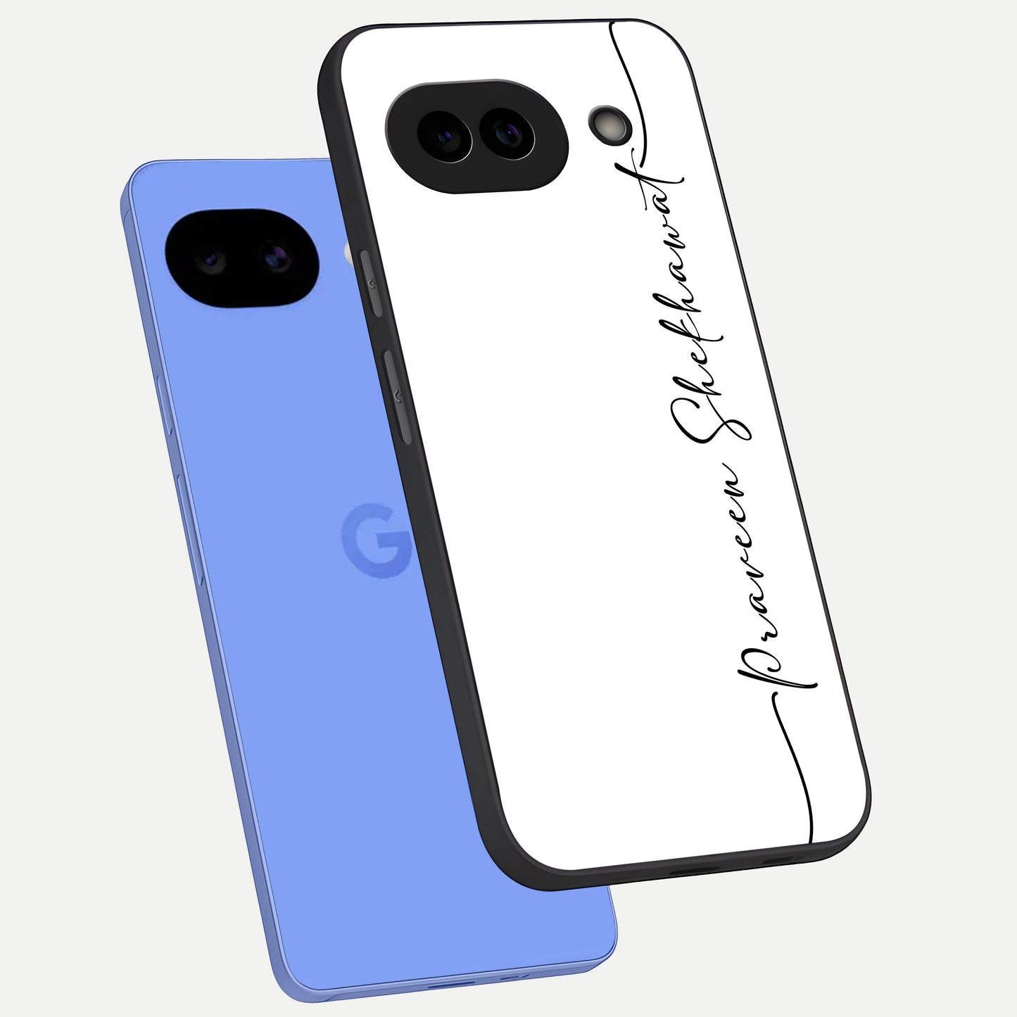  White Tune Custom Name phone case for Google Pixel 10A showing premium custom name glass back cover