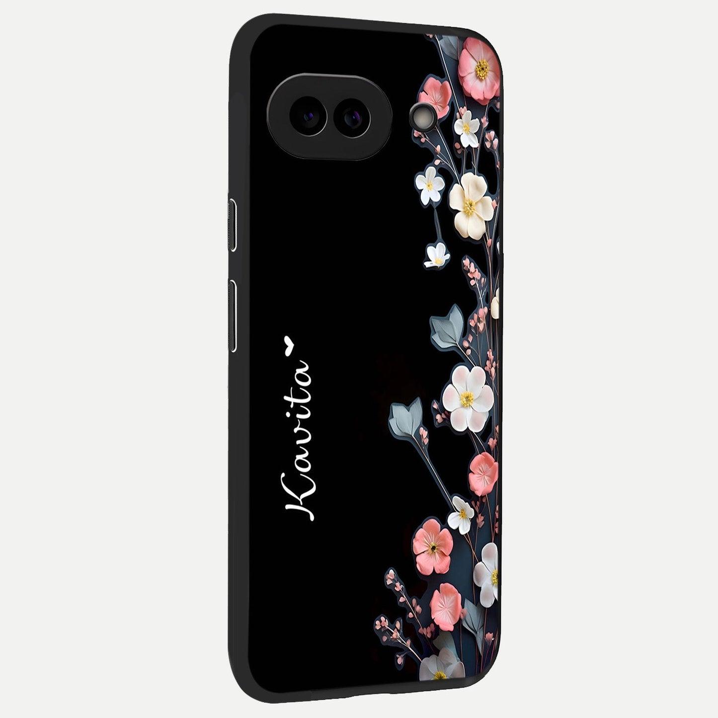  Black Elegance Floral Custom Name back cover for Google Pixel 10A slim fit glass case with vibrant aesthetic design