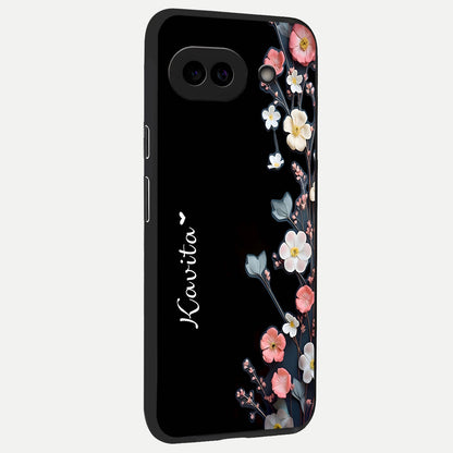  Black Elegance Floral Custom Name back cover for Google Pixel 10A slim fit glass case with vibrant aesthetic design