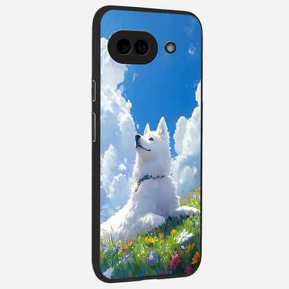  Blissful Cloud Pup back cover for Google Pixel 10A slim fit glass case with vibrant aesthetic design
