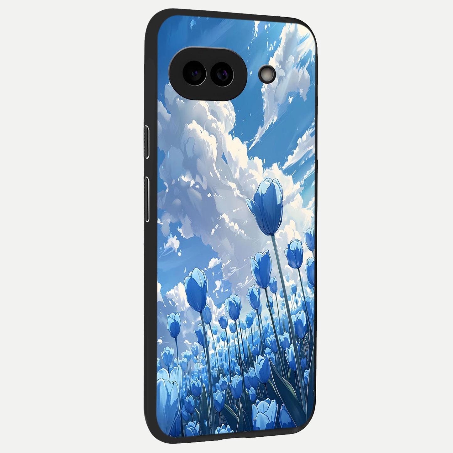  Blue Tulip Clouds back cover for Google Pixel 10A slim fit glass case with vibrant aesthetic design