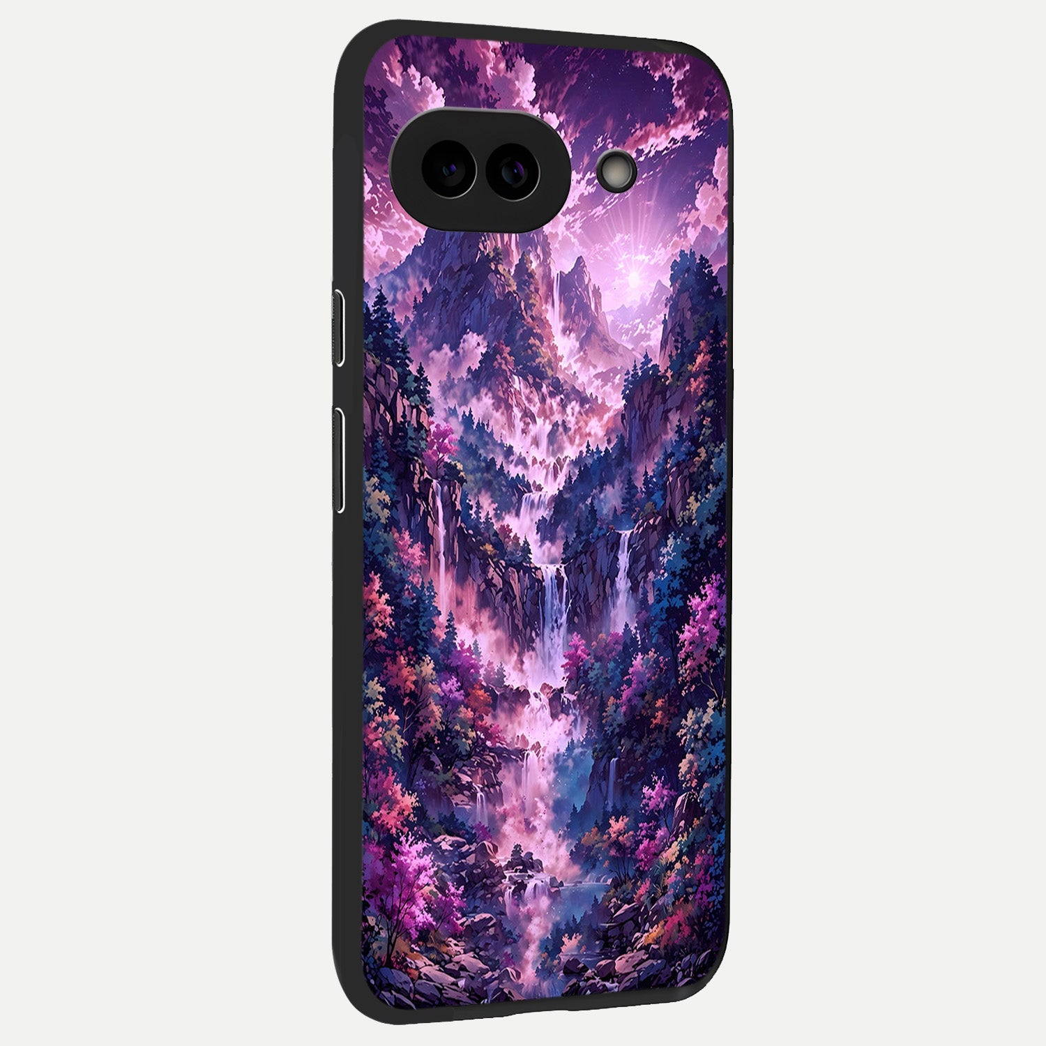  Mystic Cascade Peaks back cover for Google Pixel 10A slim fit glass case with vibrant aesthetic design
