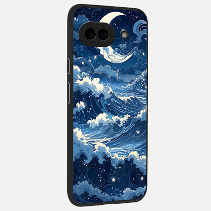  Ocean Moon Waves back cover for Google Pixel 10A slim fit glass case with vibrant aesthetic design