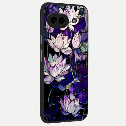  Purple Lotus Pattern back cover for Google Pixel 10A slim fit glass case with vibrant aesthetic design