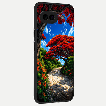  Red Trees Pathway back cover for Google Pixel 10A slim fit glass case with vibrant aesthetic design