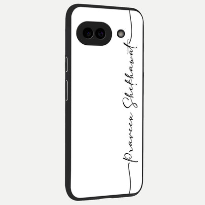  White Tune Custom Name back cover for Google Pixel 10A slim fit personalized glass case with aesthetic design