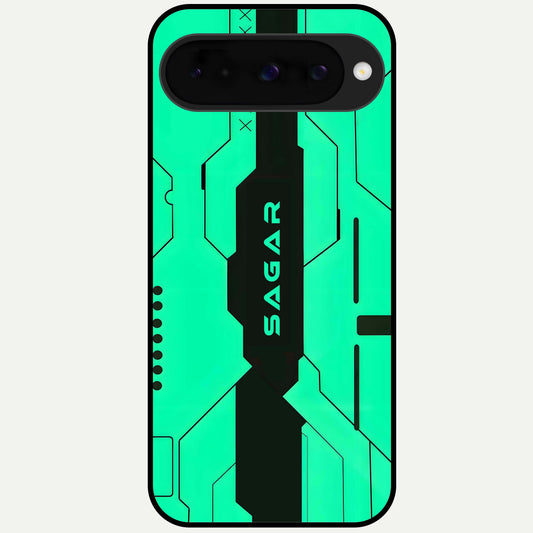  Aqua Tech CYBERPUNK Custom Name Glass Case For Google Pixel 10 back cover – full design glossy printed glass finish