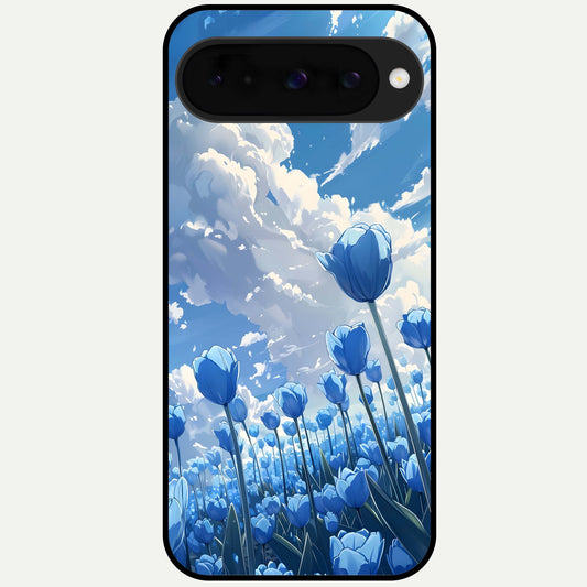  Blue Tulip Clouds Glass Case For Google Pixel 10 back cover – full design glossy printed glass finish