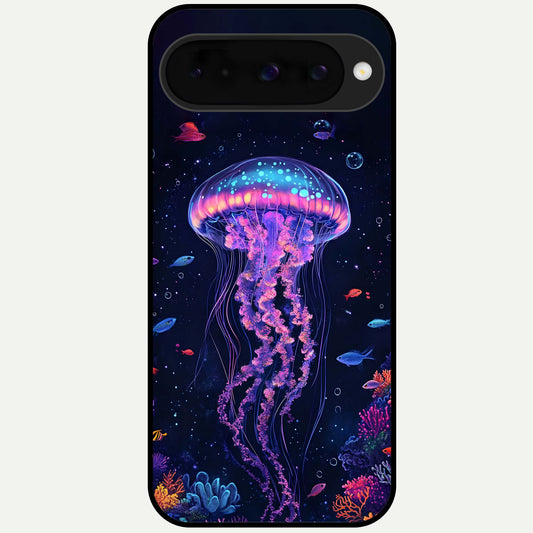  Neon Jellyfish Glass Case For Google Pixel 10 back cover – full design glossy printed glass finish