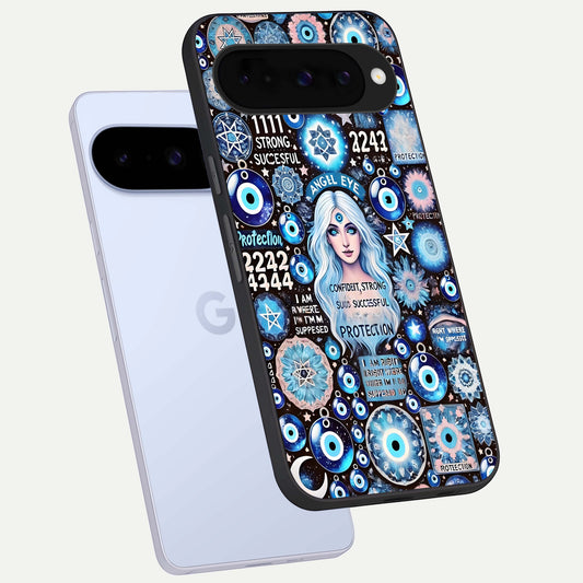  Angel Aura Shield phone case For Google Pixel 10 showing premium glass back cover with detailed artwork