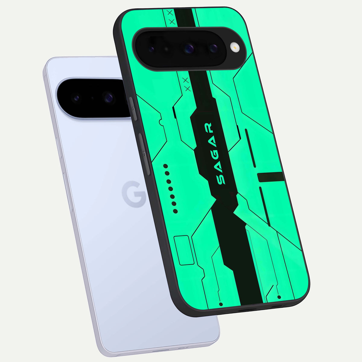  Aqua Tech CYBERPUNK Custom Name phone case For Google Pixel 10 showing premium glass back cover with detailed artwork