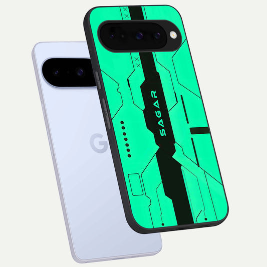  Aqua Tech CYBERPUNK Custom Name phone case For Google Pixel 10 showing premium glass back cover with detailed artwork