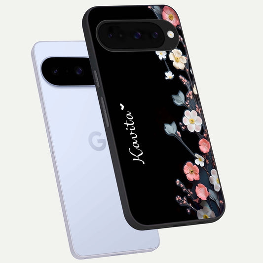 Black Elegance Floral Custom Name phone case For Google Pixel 10 showing premium glass back cover with detailed artwork