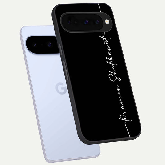  Black Tune Custom Name phone case For Google Pixel 10 showing premium glass back cover with detailed artwork