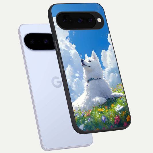  Blissful Cloud Pup phone case For Google Pixel 10 showing premium glass back cover with detailed artwork