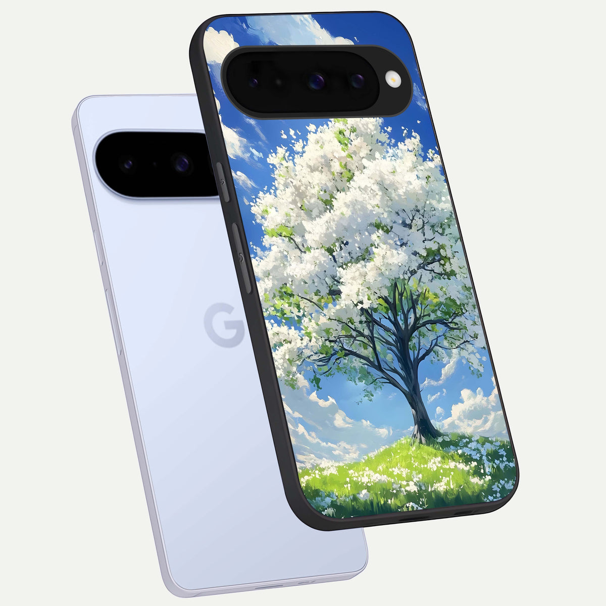  Blossom Sky Serenity phone case For Google Pixel 10 showing premium glass back cover with detailed artwork