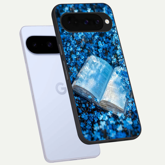 Blue Bloom Tales phone case For Google Pixel 10 showing premium glass back cover with detailed artwork