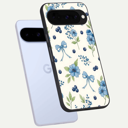  Blue Flower And Bow phone case For Google Pixel 10 showing premium glass back cover with detailed artwork