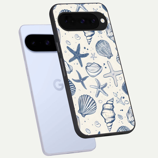  Blue Ocean Outline phone case For Google Pixel 10 showing premium glass back cover with detailed artwork