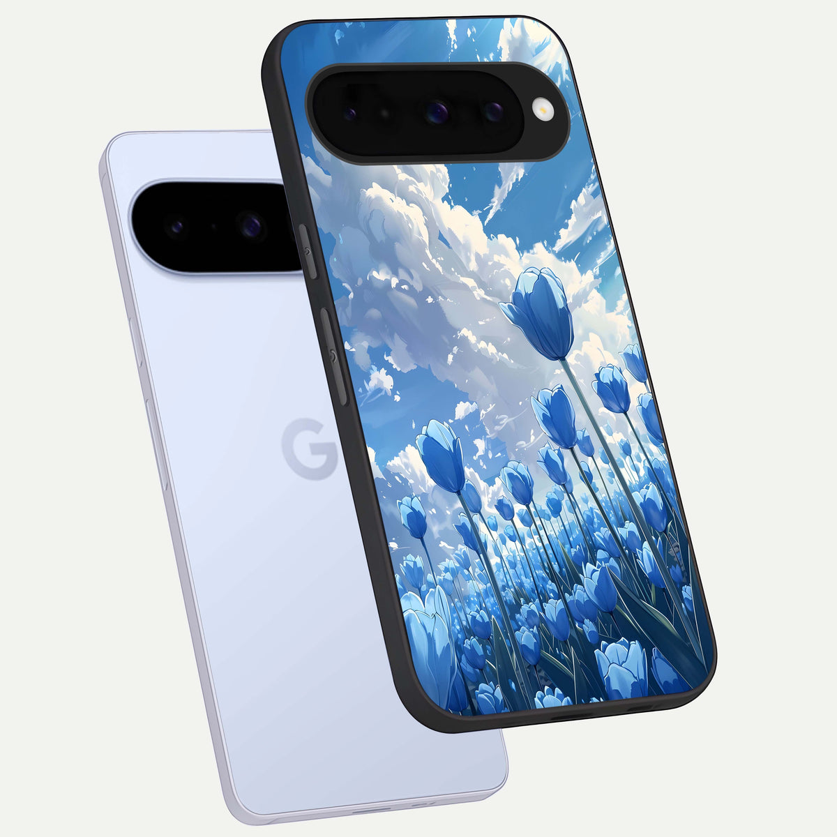  Blue Tulip Clouds phone case For Google Pixel 10 showing premium glass back cover with detailed artwork