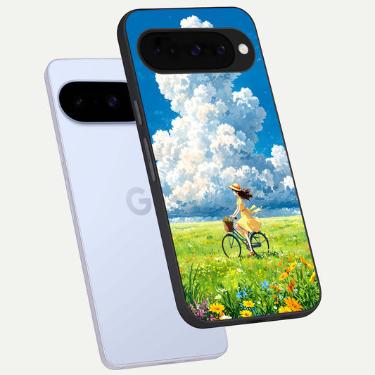  Breezy Meadow Ride phone case For Google Pixel 10 showing premium glass back cover with detailed artwork