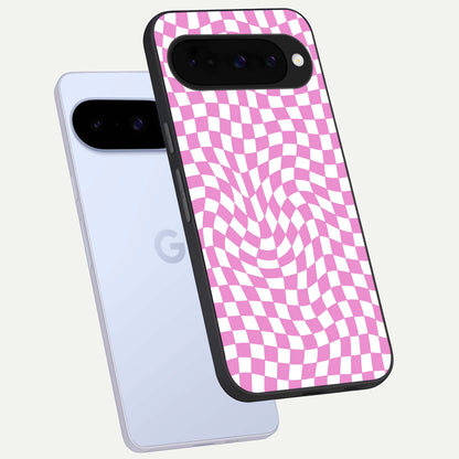  Bubblegum Check Wave phone case For Google Pixel 10 showing premium glass back cover with detailed artwork