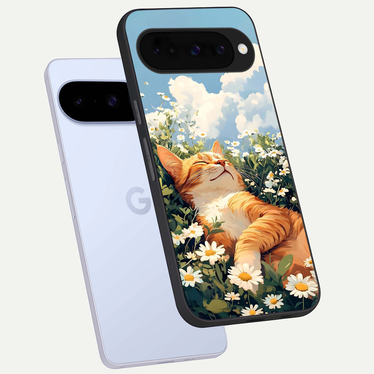  Cat And Flowers View phone case For Google Pixel 10 showing premium glass back cover with detailed artwork